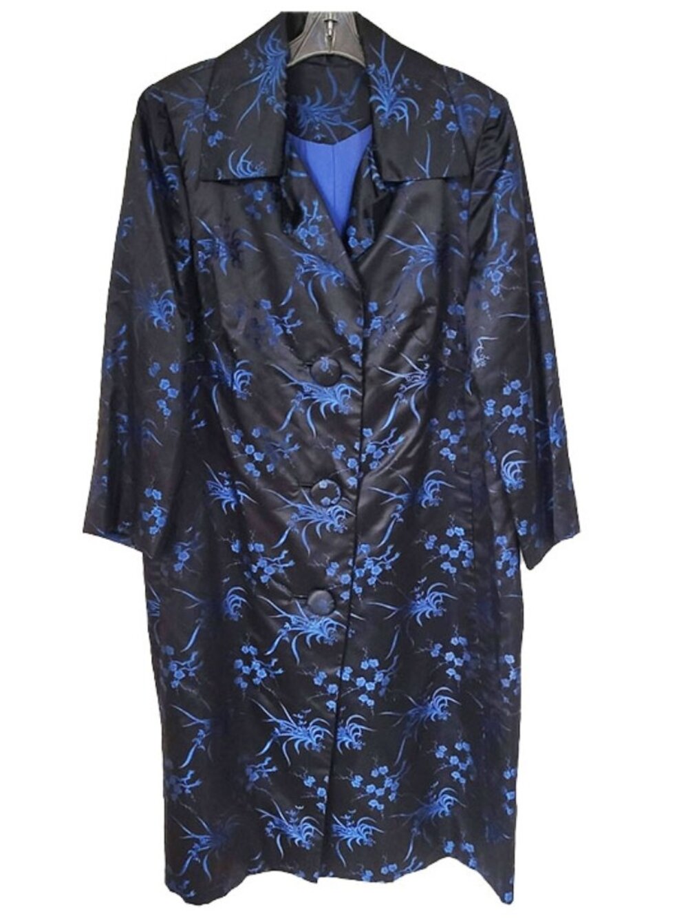 Contemporary Blue and Black Floral Jacquard Formal Evening Duster Jacket